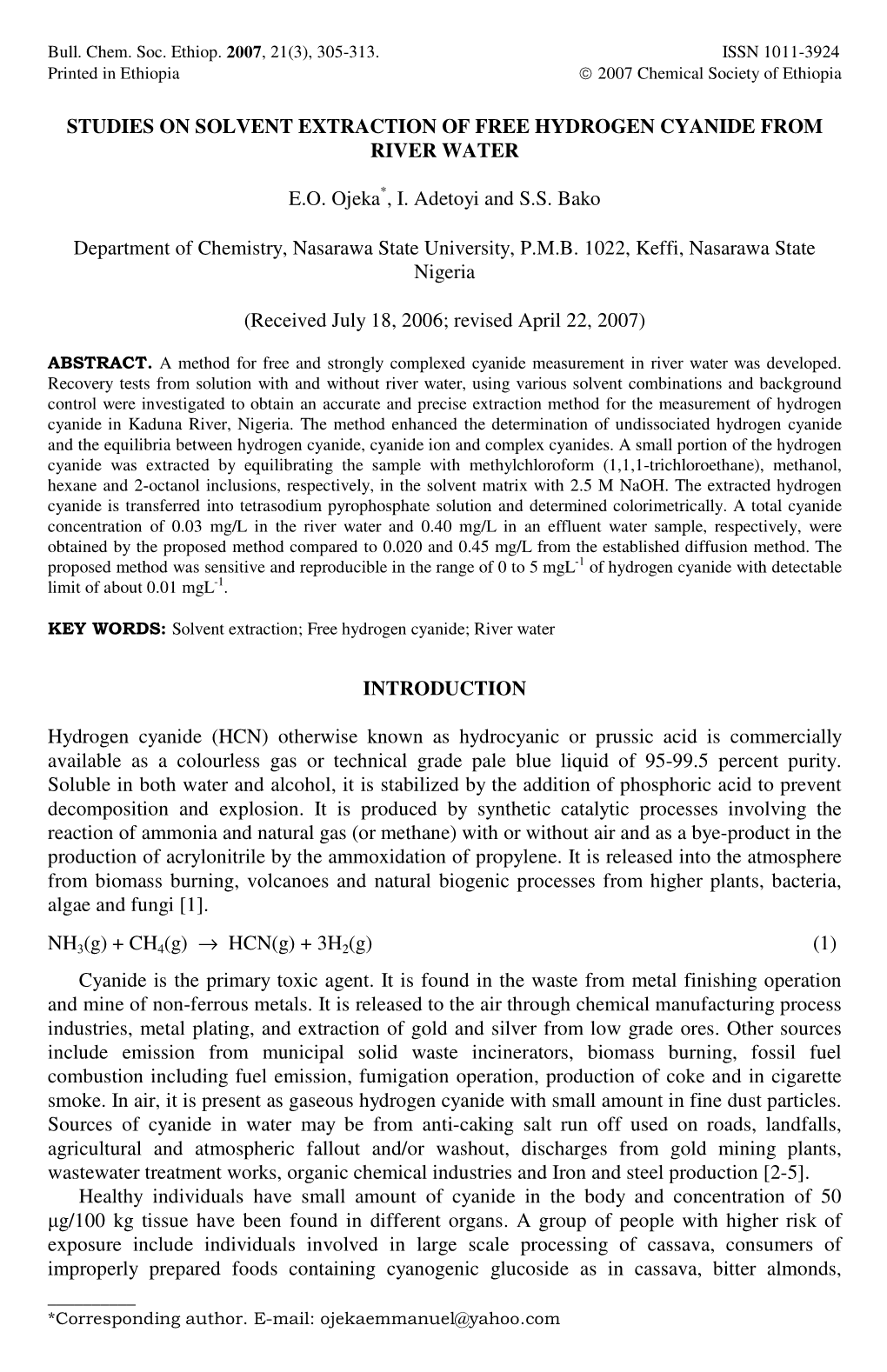 Studies on Solvent Extraction of Free Hydrogen Cyanide from River Water