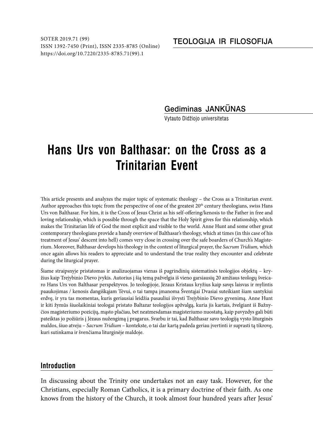 Hans Urs Von Balthasar: on the Cross As a Trinitarian Event