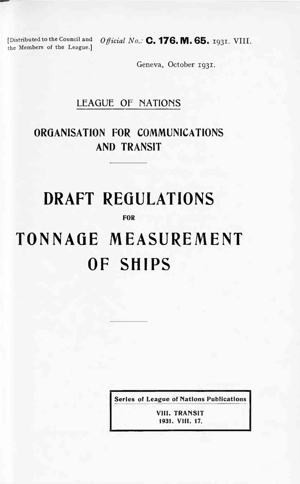 Draft Regulations Tonnage Measurement of Ships