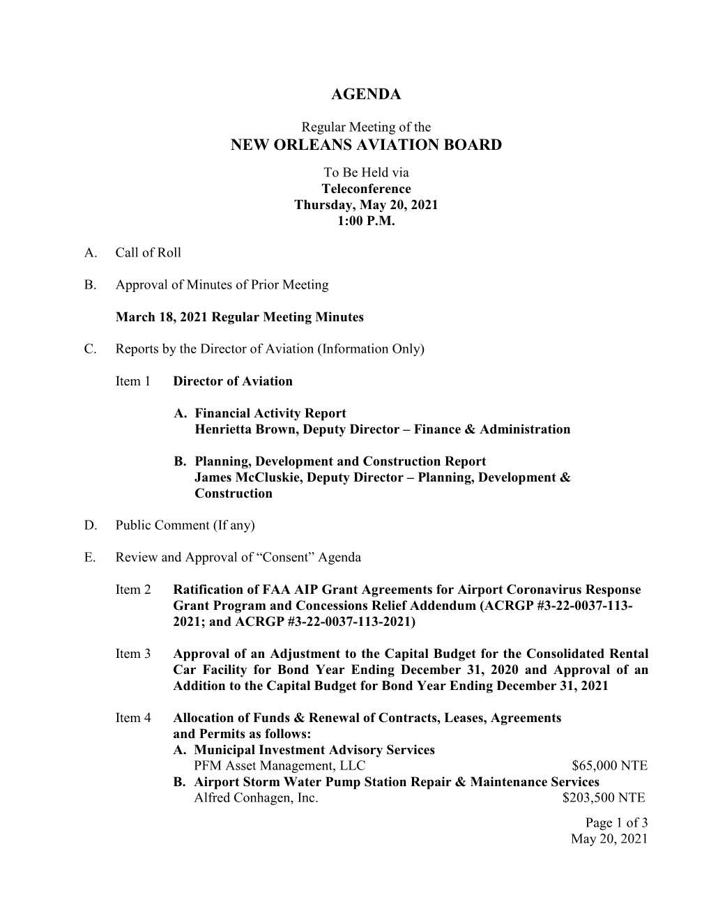 Agenda New Orleans Aviation Board