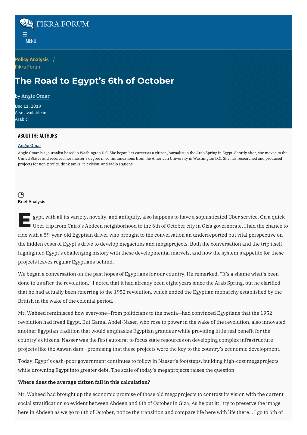 The Road to Egypt's 6Th of October | the Washington Institute