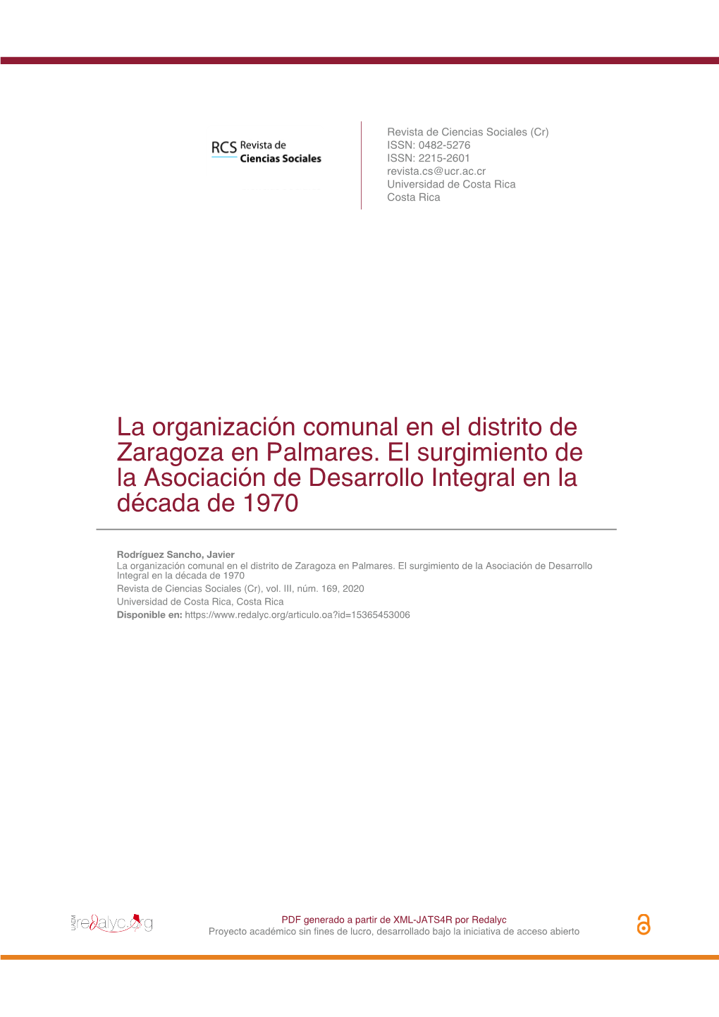 La Organización Comunal En El Distrito De Zaragoza En Palmares. El Surgimiento De La Asociación De Desarrollo Integral En La Década De 1970