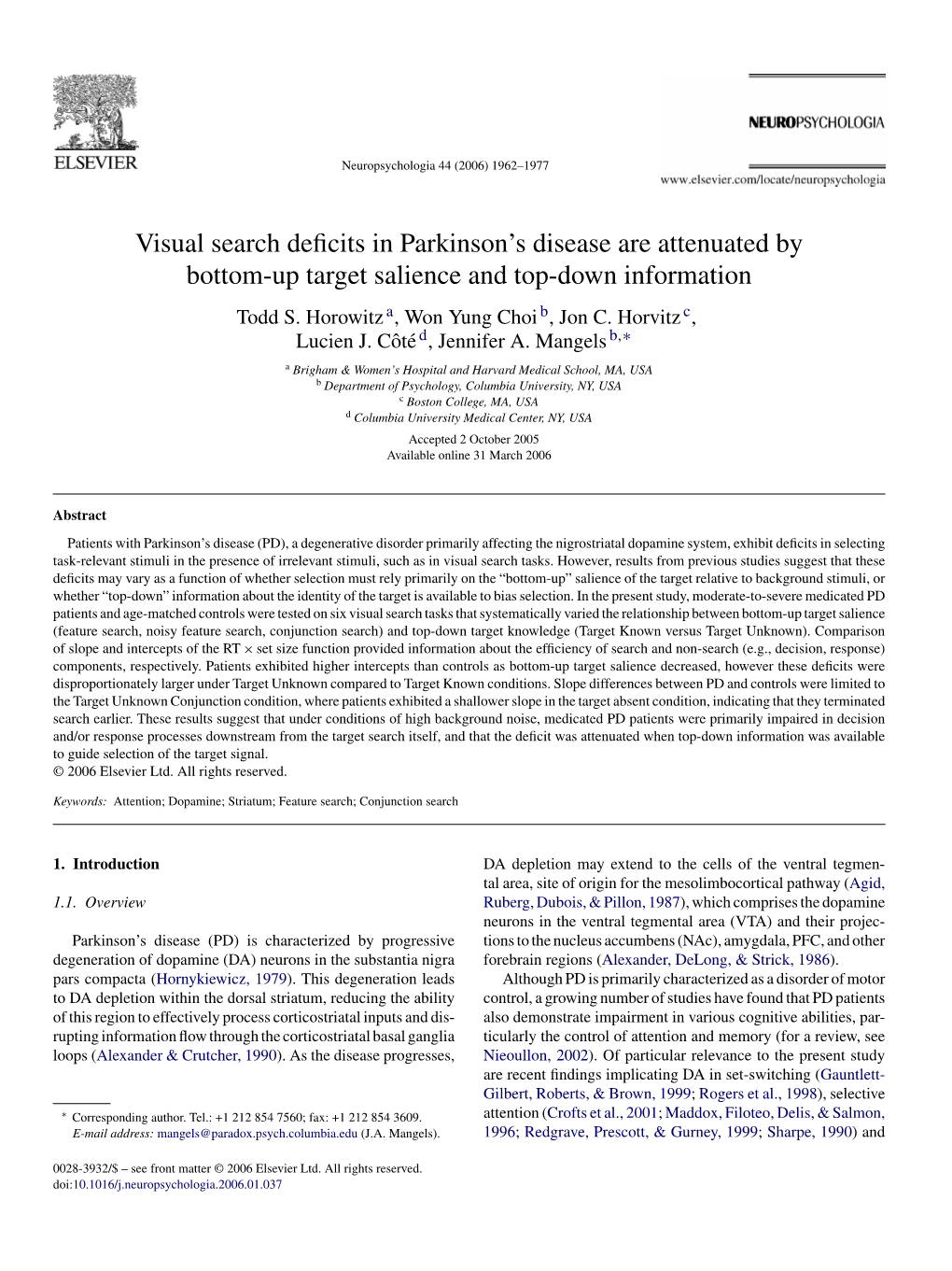 Visual Search Deficits in Parkinson's Disease Are Attenuated by Bottom-Up Target Salience and Top-Down Information