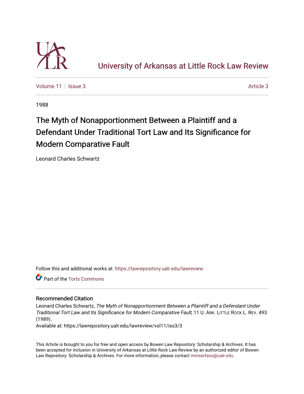 The Myth of Nonapportionment Between a Plaintiff and a Defendant Under Traditional Tort Law and Its Significance for Modern Comparative Fault