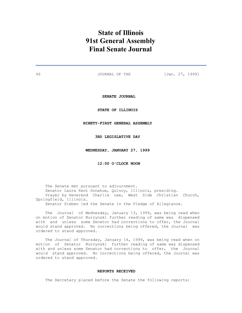 State of Illinois 91St General Assembly Final Senate Journal