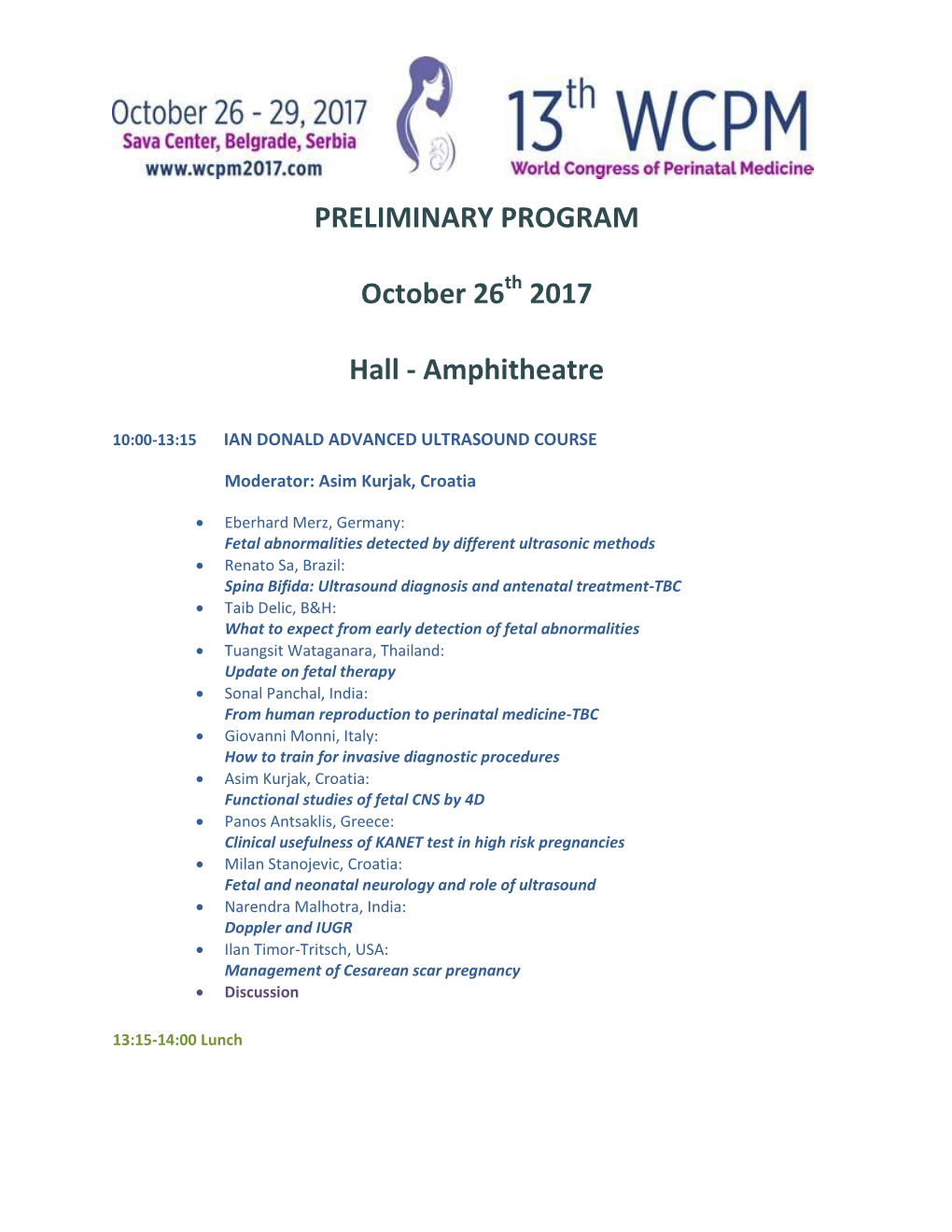 PRELIMINARY PROGRAM October 26 2017 Hall