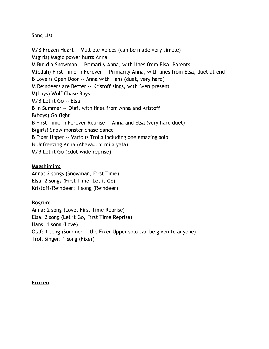 Song List M/B Frozen Heart -- Multiple Voices (Can Be Made Very Simple)