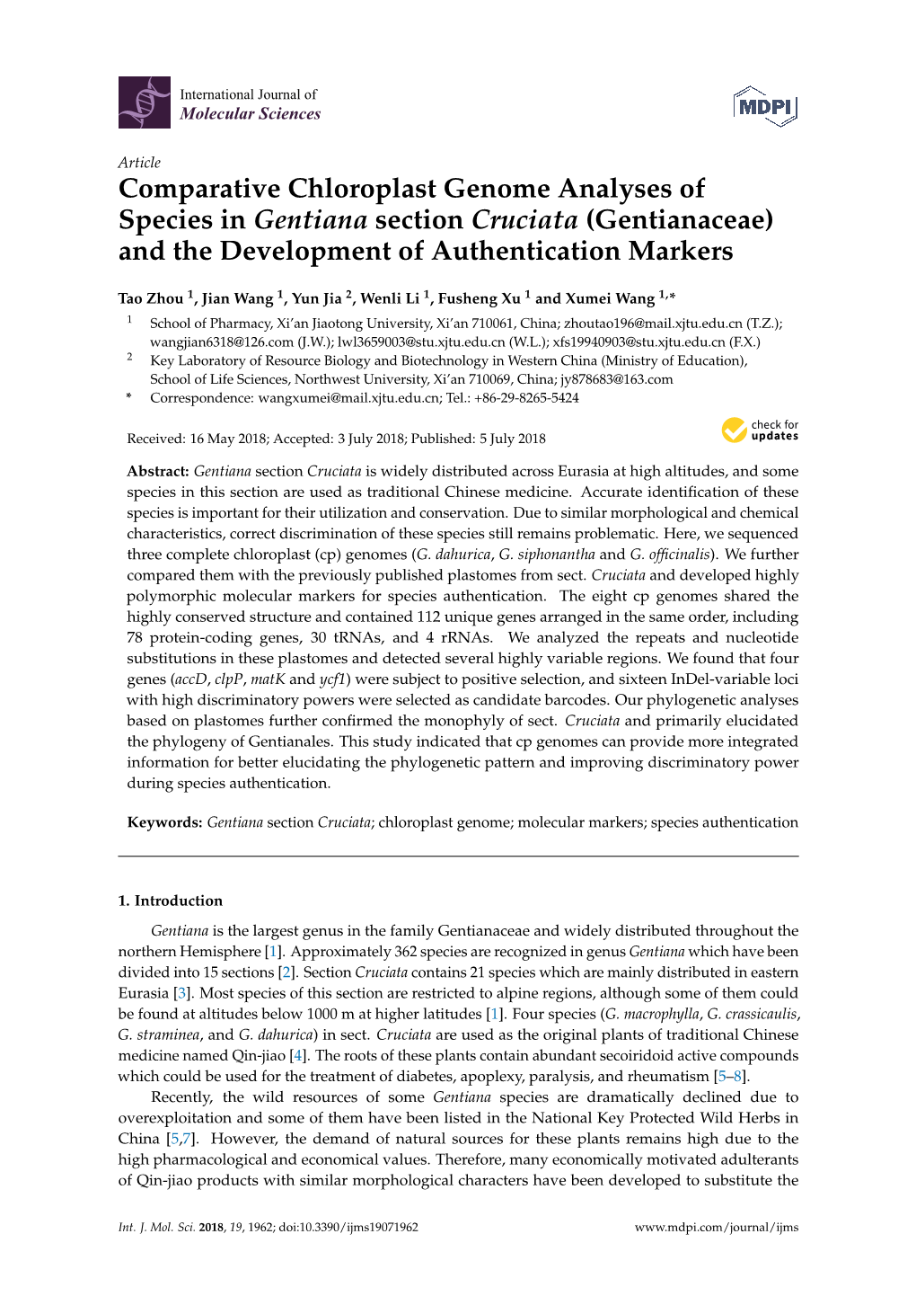 Comparative Chloroplast Genome Analyses of Species in Gentiana Section Cruciata (Gentianaceae) and the Development of Authentication Markers