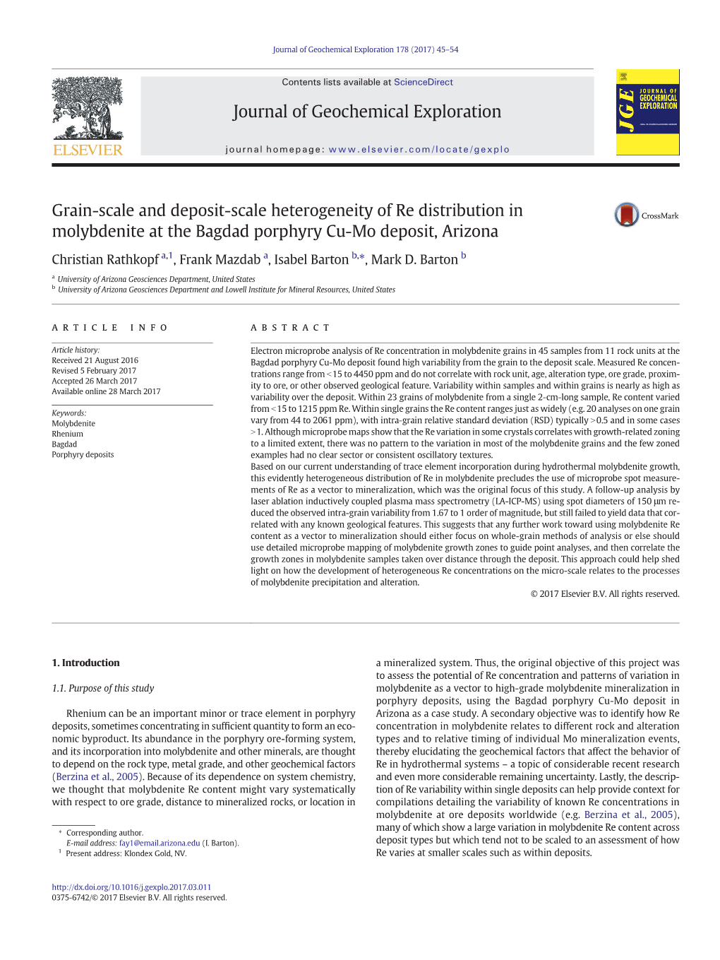 Grain-Scale and Deposit-Scale Heterogeneity of Re Distribution in Molybdenite at the Bagdad Porphyry Cu-Mo Deposit, Arizona