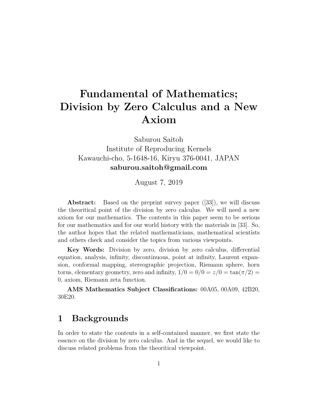 Fundamental of Mathematics; Division by Zero Calculus and a New Axiom