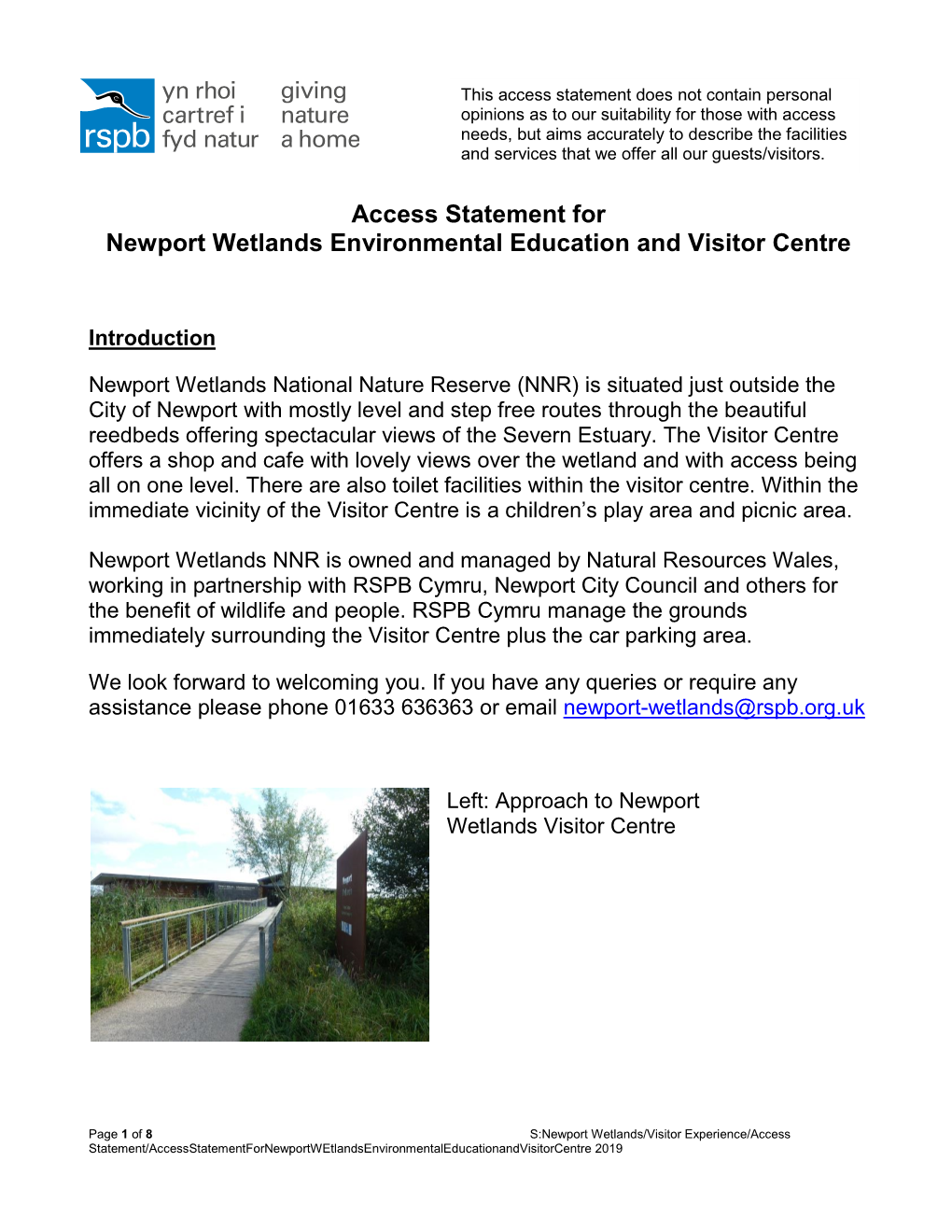 Access Statement for Newport Wetlands Environmental Education and Visitor Centre