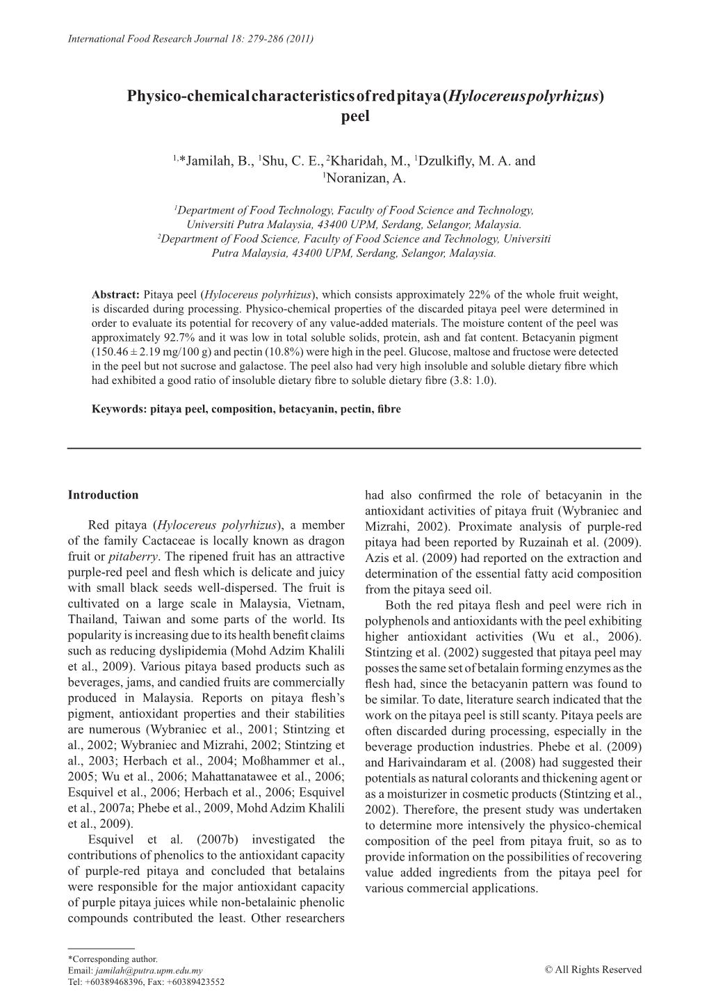 Physico-Chemical Characteristics of Red Pitaya (Hylocereus Polyrhizus) Peel