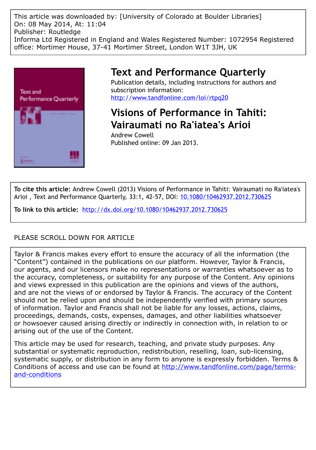 Text and Performance Quarterly Visions of Performance in Tahiti