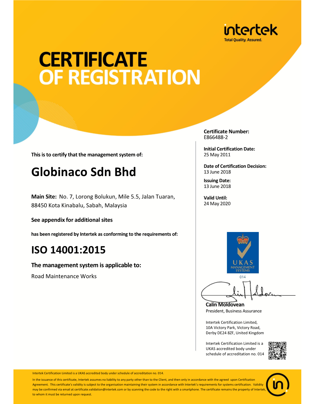 Globinaco Sdn Bhd Issuing Date: 13 June 2018