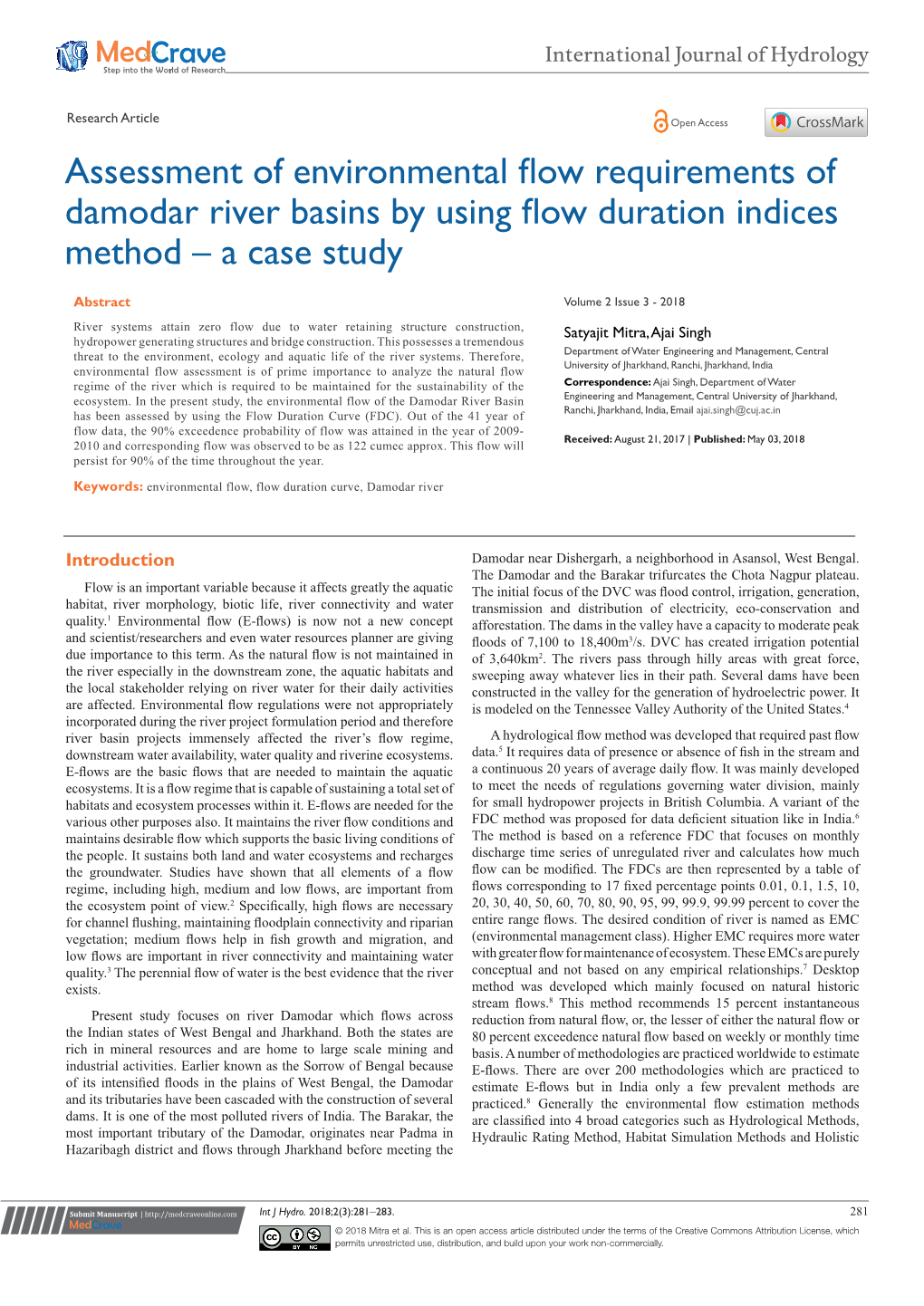 Assessment of Environmental Flow Requirements of Damodar River Basins by Using Flow Duration Indices Method – a Case Study