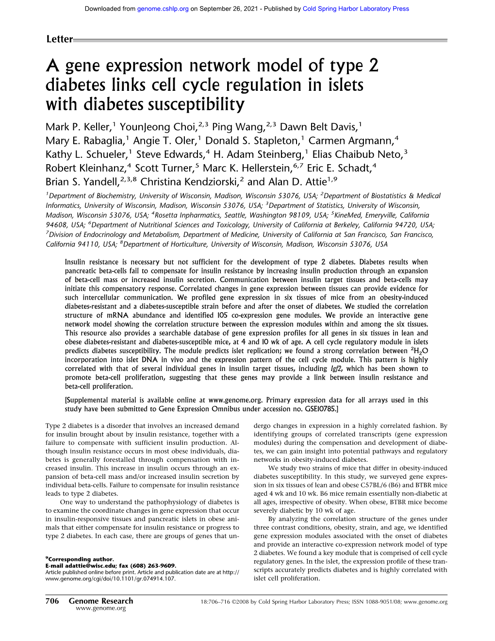 A Gene Expression Network Model of Type 2 Diabetes Links Cell Cycle Regulation in Islets with Diabetes Susceptibility Mark P