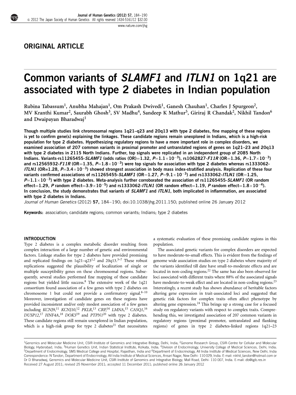 Common Variants of SLAMF1 and ITLN1 on 1Q21 Are Associated with Type 2 Diabetes in Indian Population