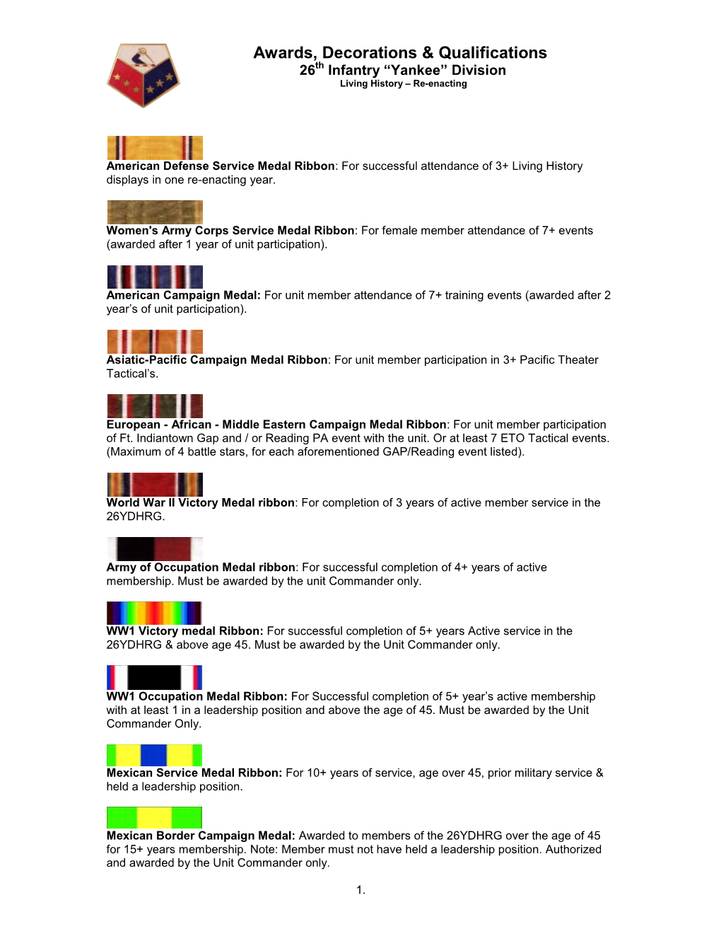 American Defense Service Medal Ribbon: for Successful Attendance of 3+ Living History Displays in One Re-Enacting Year