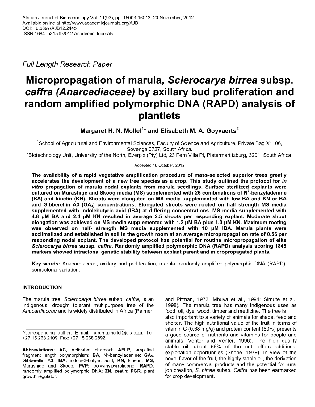 Micropropagation of Marula, Sclerocarya Birrea Subsp. Caffra