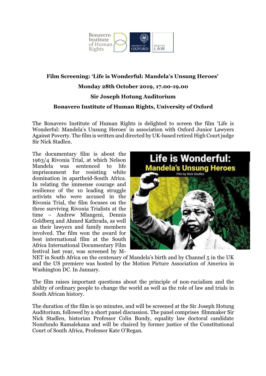 Film Screening: 'Life Is Wonderful: Mandela's
