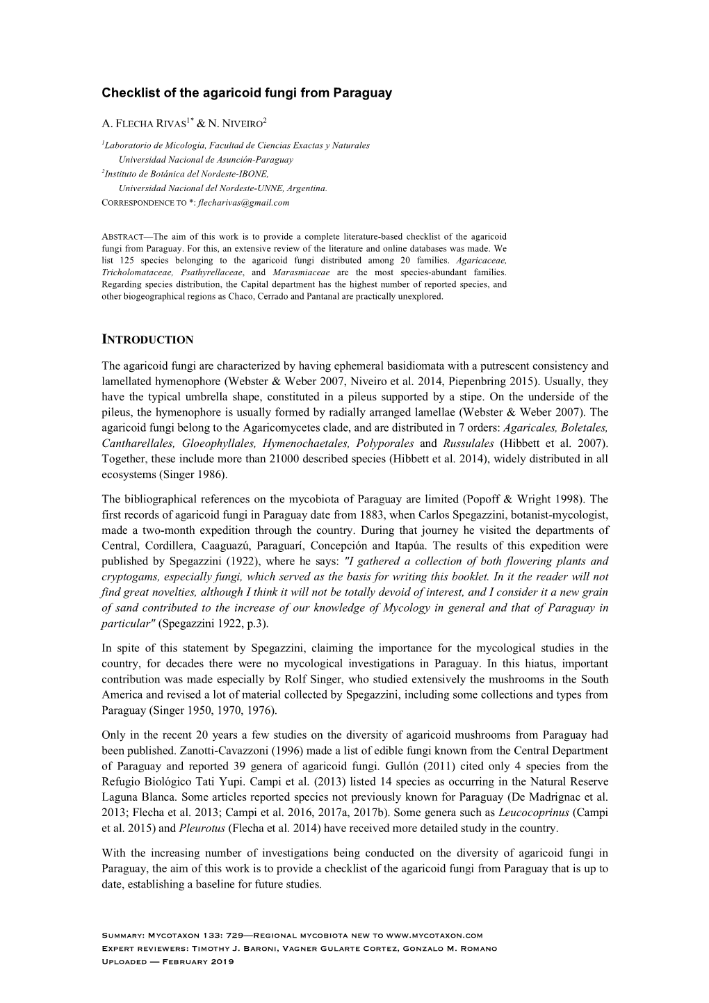 Checklist of the Agaricoid Fungi from Paraguay