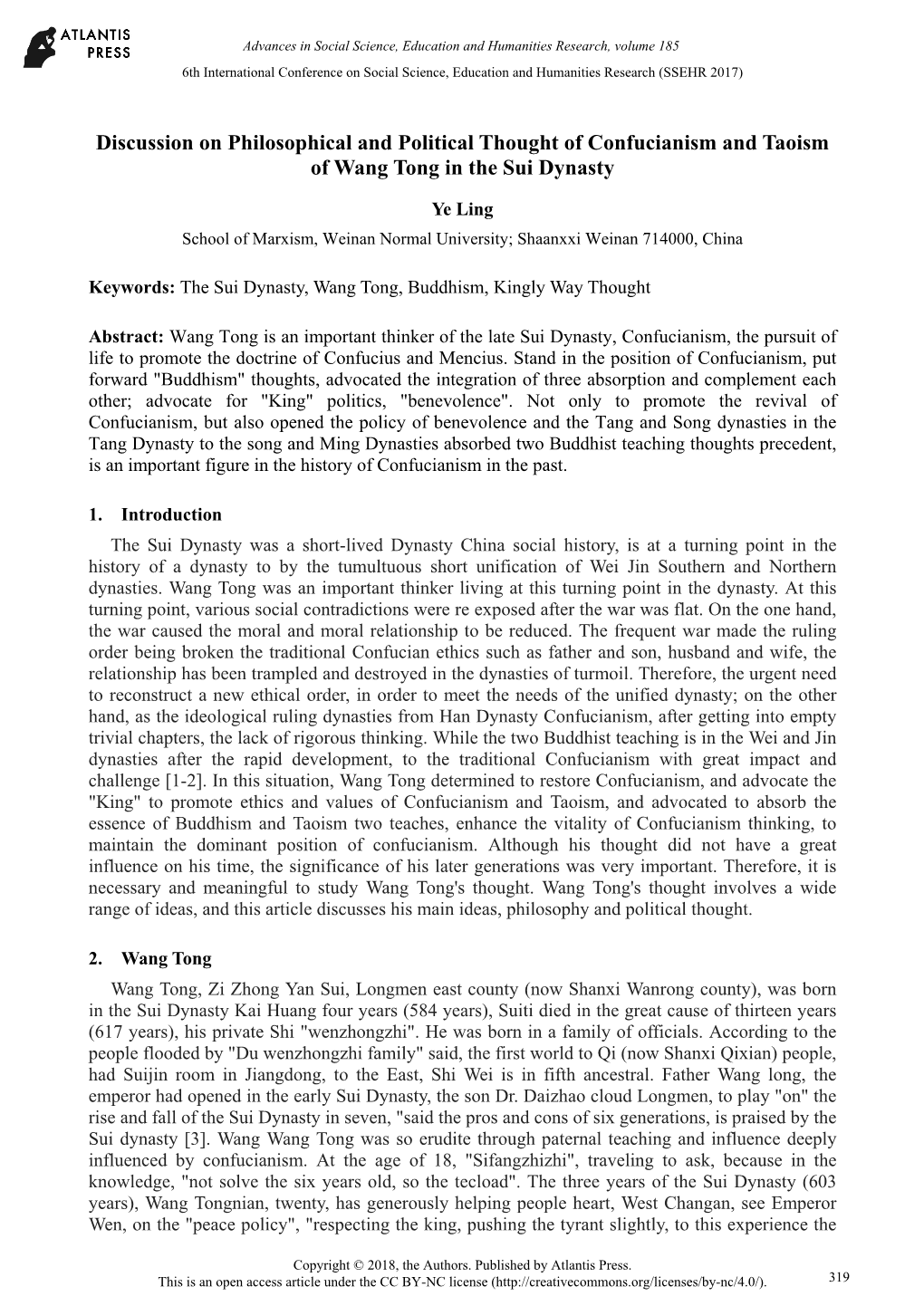 Discussion on Philosophical and Political Thought of Confucianism and Taoism of Wang Tong in the Sui Dynasty