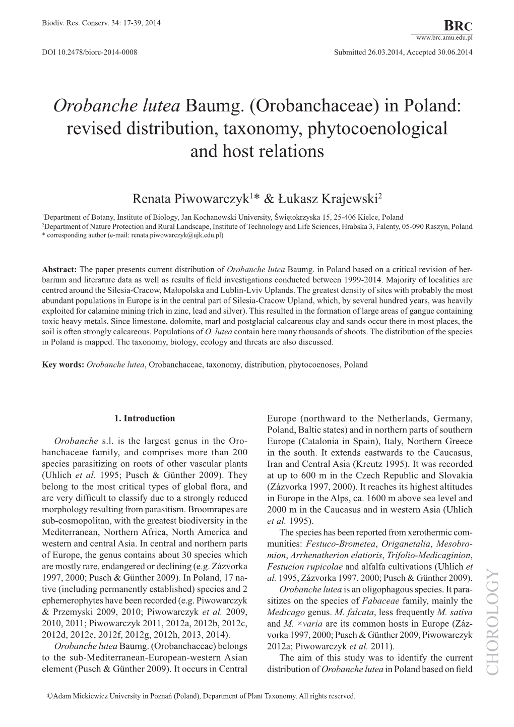 Orobanche Lutea Baumg. (Orobanchaceae) in Poland: Revised Distribution, Taxonomy, Phytocoenological and Host Relations