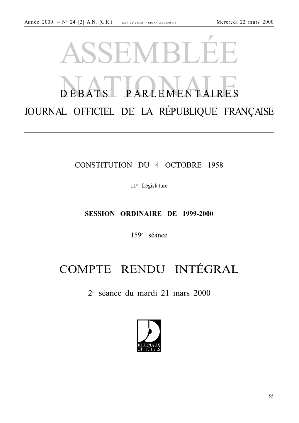 Assemblée Nationale Débats Parlementaires Journal Officiel De La