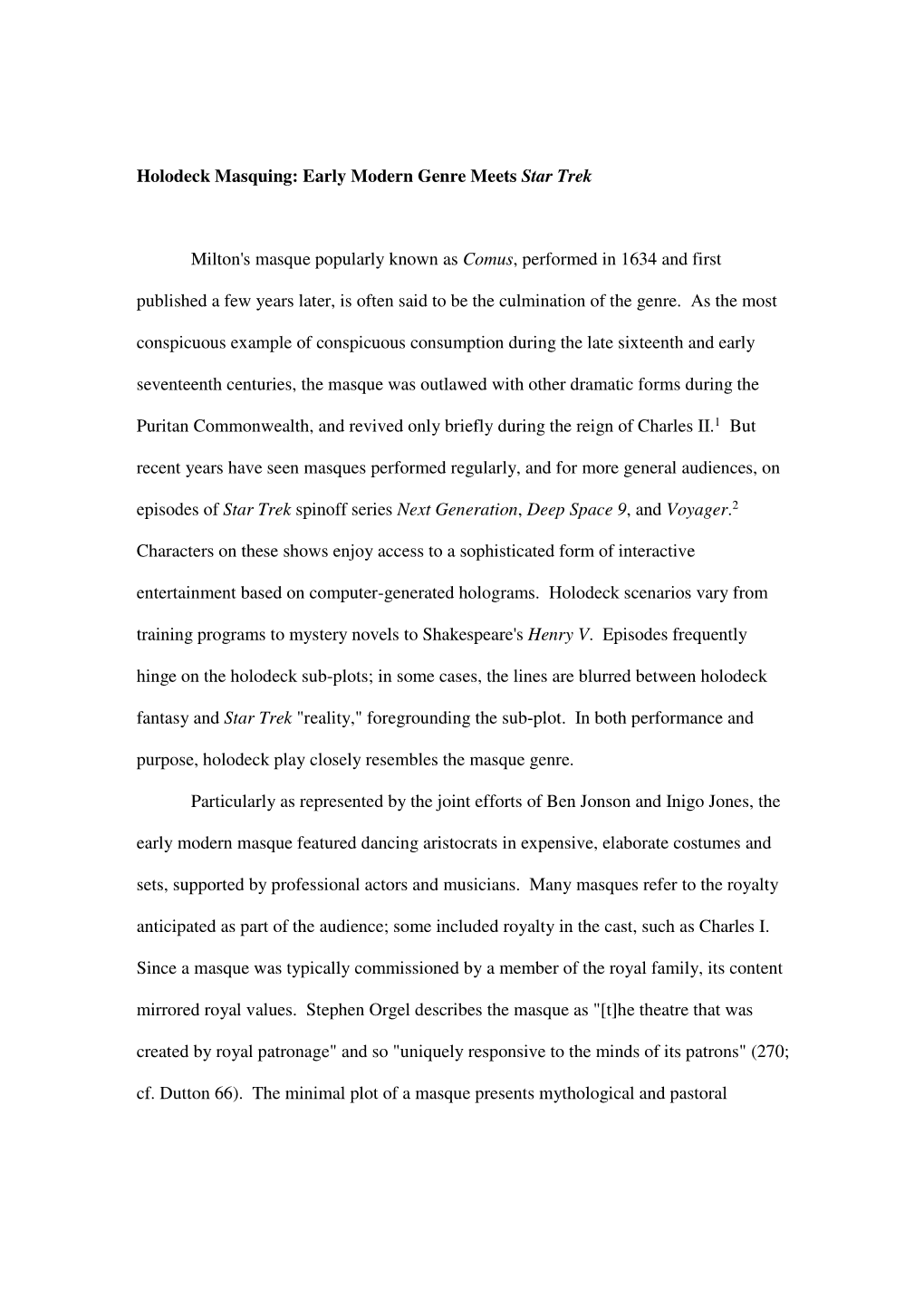 Holodeck Masquing: Early Modern Genre Meets Star Trek Milton's Masque Popularly Known As Comus, Performed in 1634 and First Publ