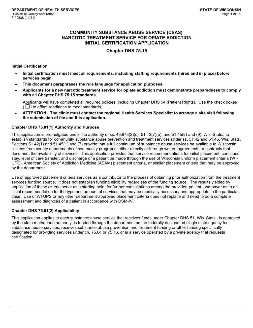 CSAS Narcotic Treatment Service for Opiate Addiction Initial Certification Application-DHS