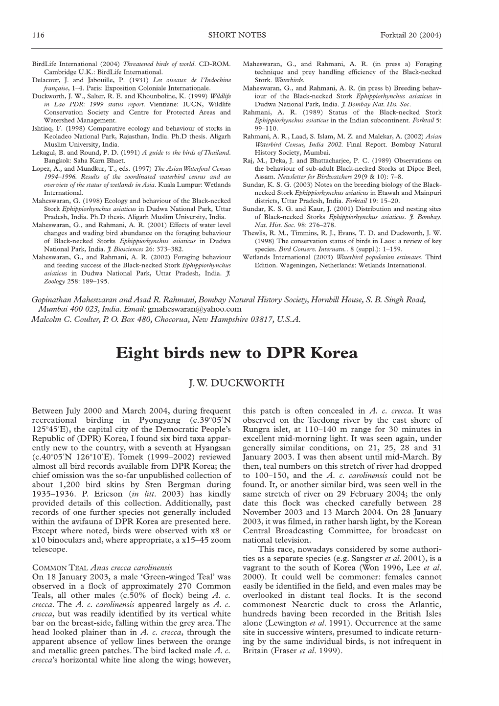 Eight Birds New to DPR Korea
