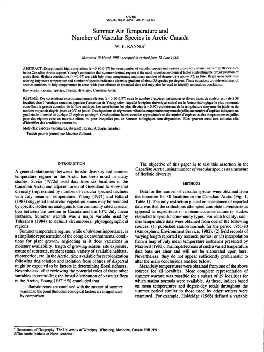 Summer Air Temperature and Number of Vascular Species in Arctic Canada W