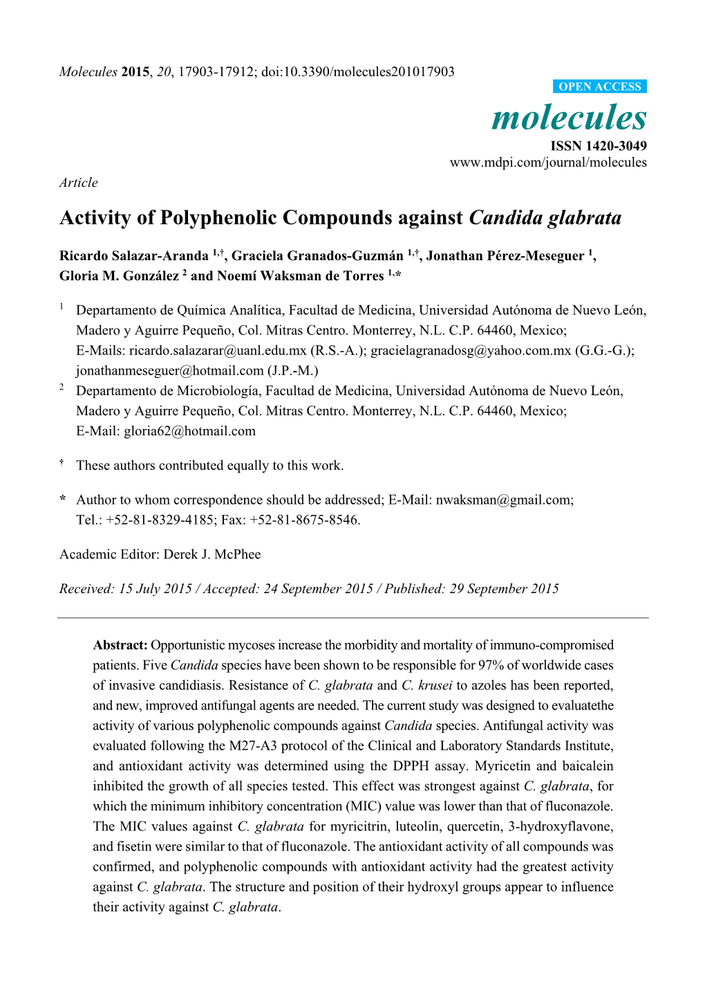 Activity of Polyphenolic Compounds Against Candida Glabrata