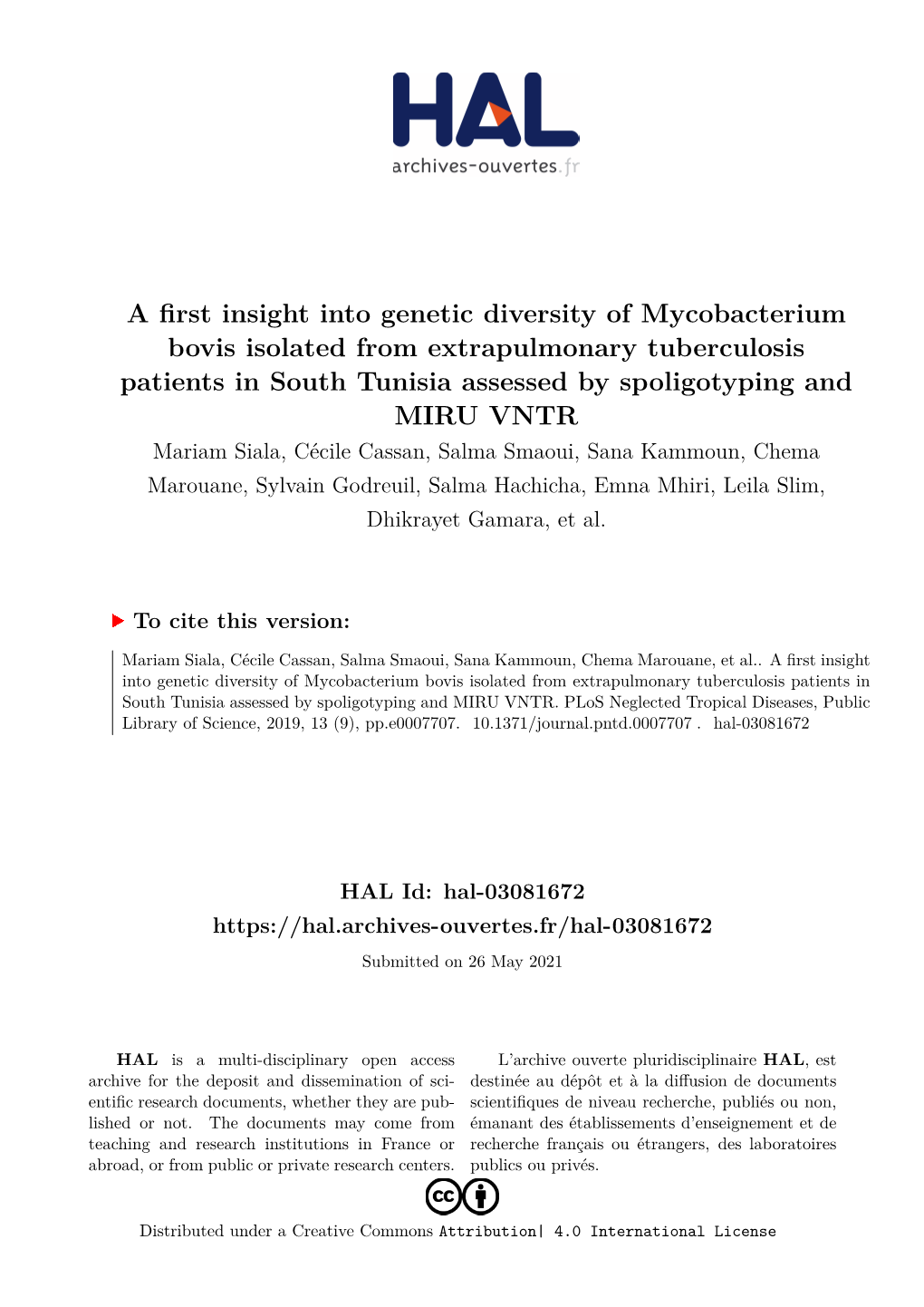 A First Insight Into Genetic Diversity of Mycobacterium Bovis Isolated From