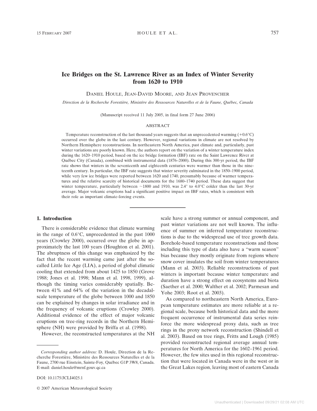 Ice Bridges on the St. Lawrence River As an Index of Winter Severity from 1620 to 1910