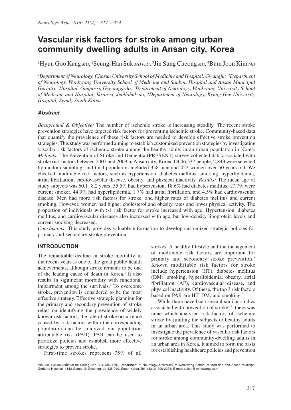Vascular Risk Factors for Stroke Among Urban Community Dwelling Adults in Ansan City, Korea