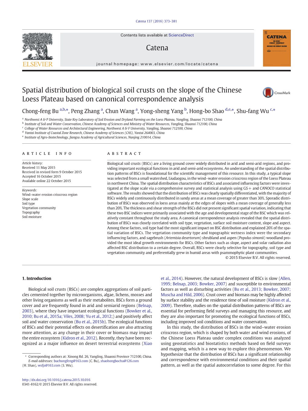 Spatial Distribution of Biological Soil Crusts on the Slope of the Chinese Loess Plateau Based on Canonical Correspondence Analysis