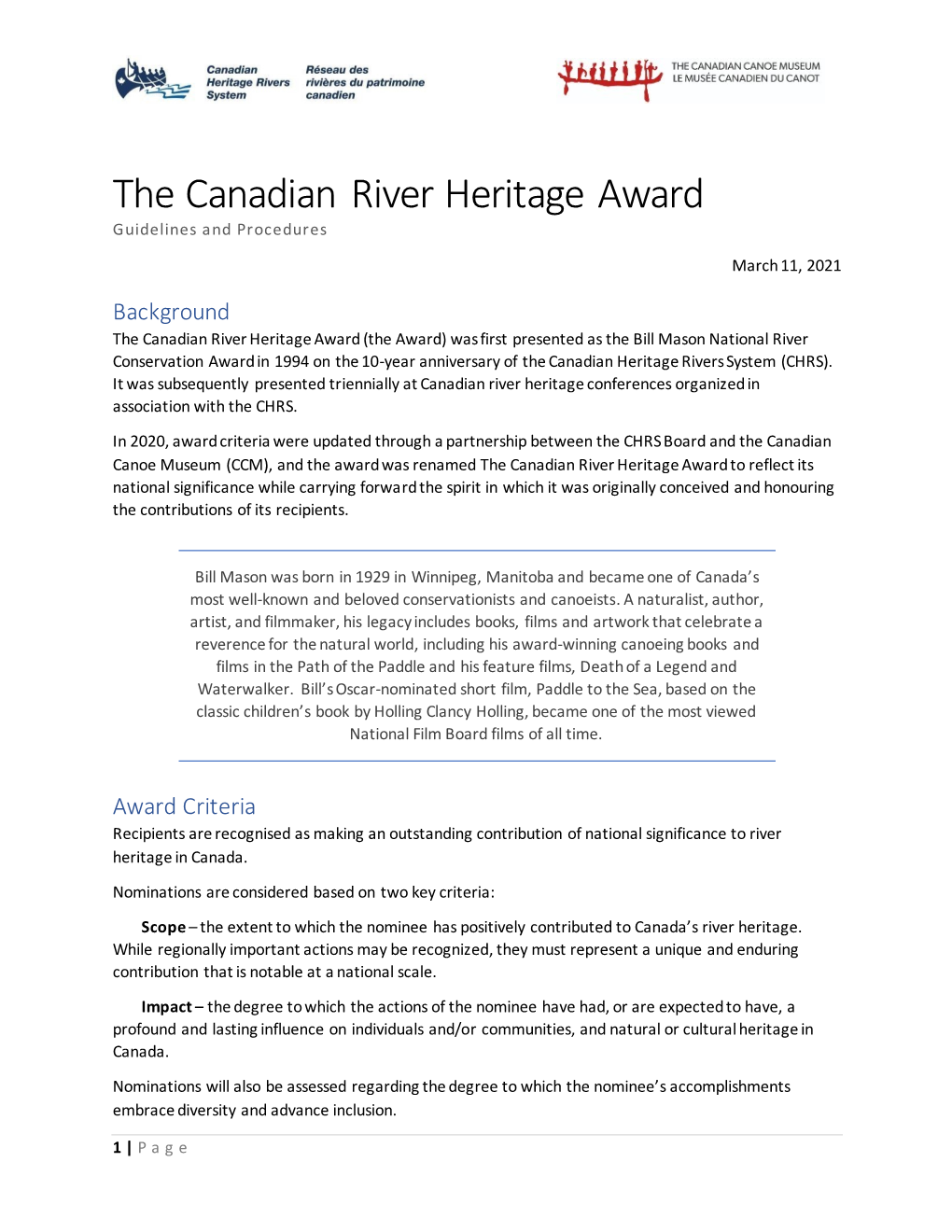 The Canadian River Heritage Award Guidelines and Procedures