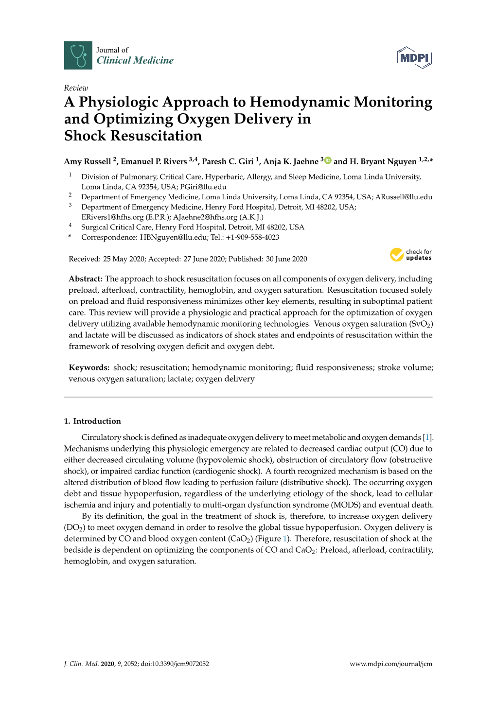 A Physiologic Approach to Hemodynamic Monitoring and Optimizing Oxygen Delivery in Shock Resuscitation