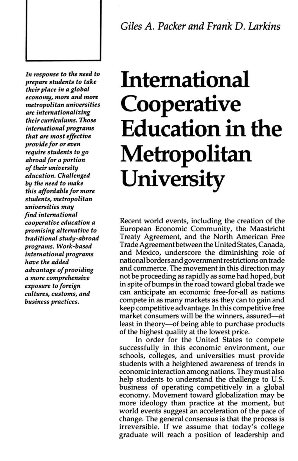 International Cooperative Education in the Metropolitan University