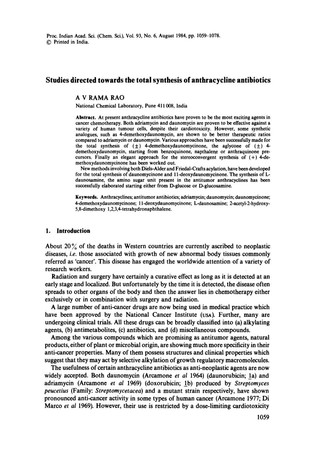 Studies Directed Towards the Total Synthesis of Anthracycline Antibiotics