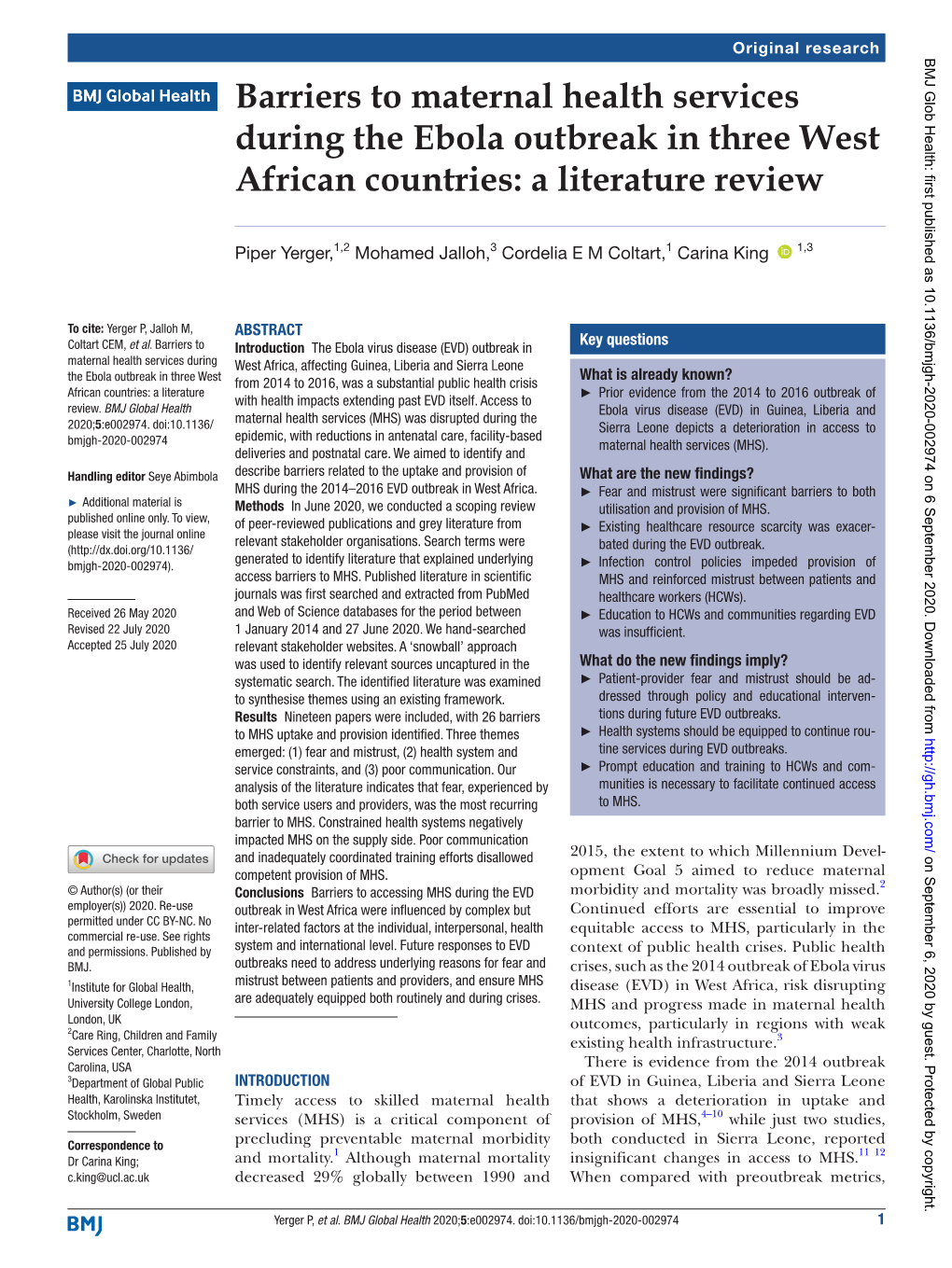 Barriers to Maternal Health Services During the Ebola Outbreak in Three West African Countries: a Literature Review