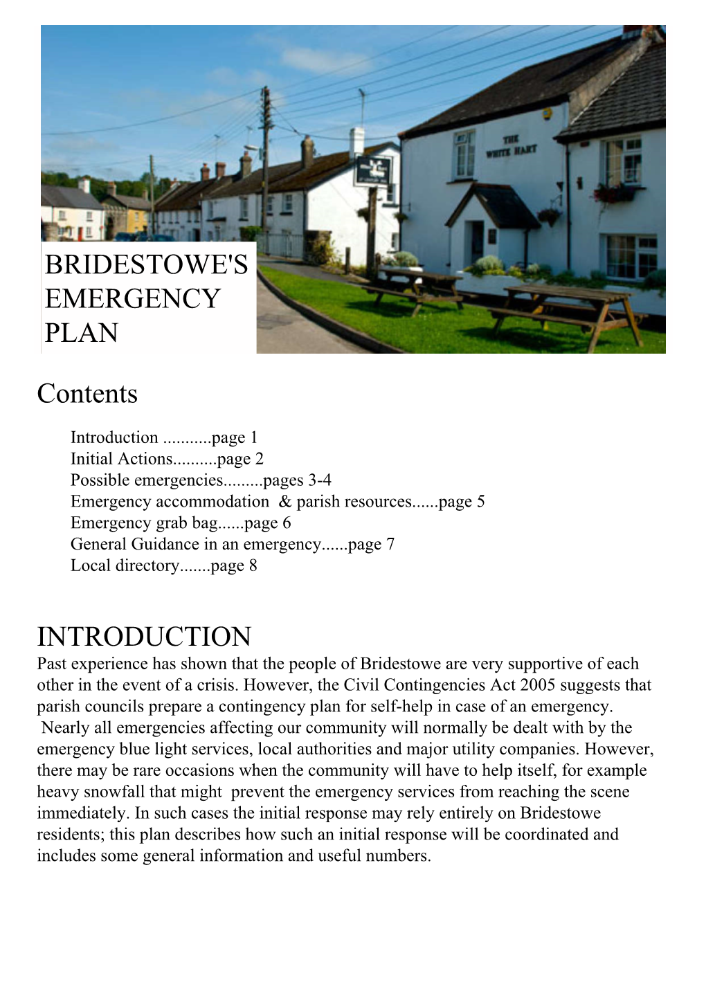 Contents INTRODUCTION BRIDESTOWE's EMERGENCY PLAN