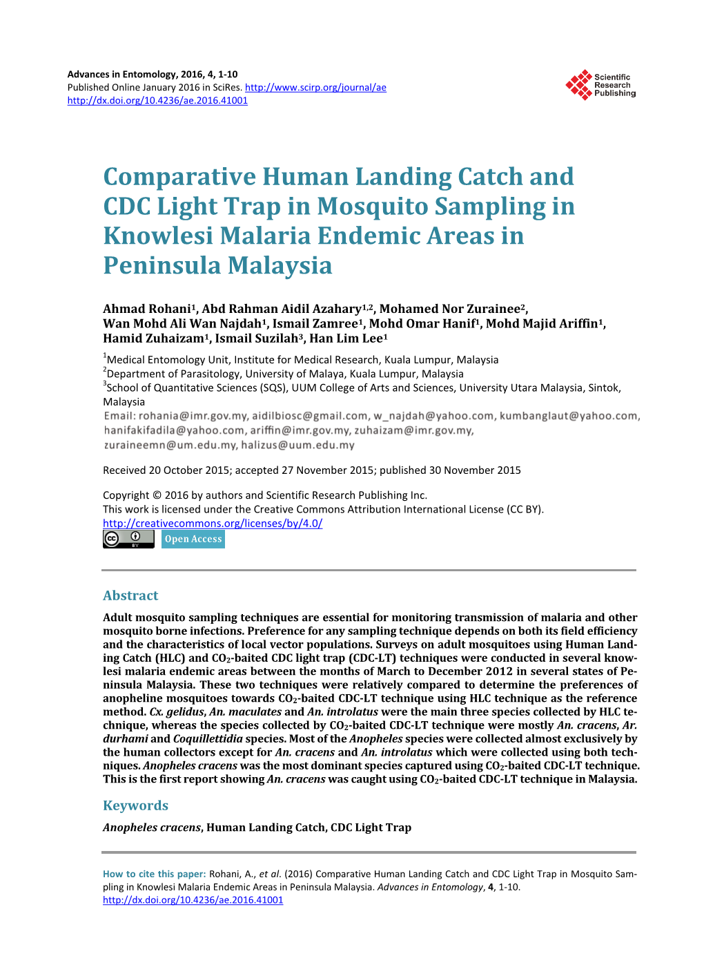 Comparative Human Landing Catch and CDC Light Trap in Mosquito Sampling in Knowlesi Malaria Endemic Areas in Peninsula Malaysia