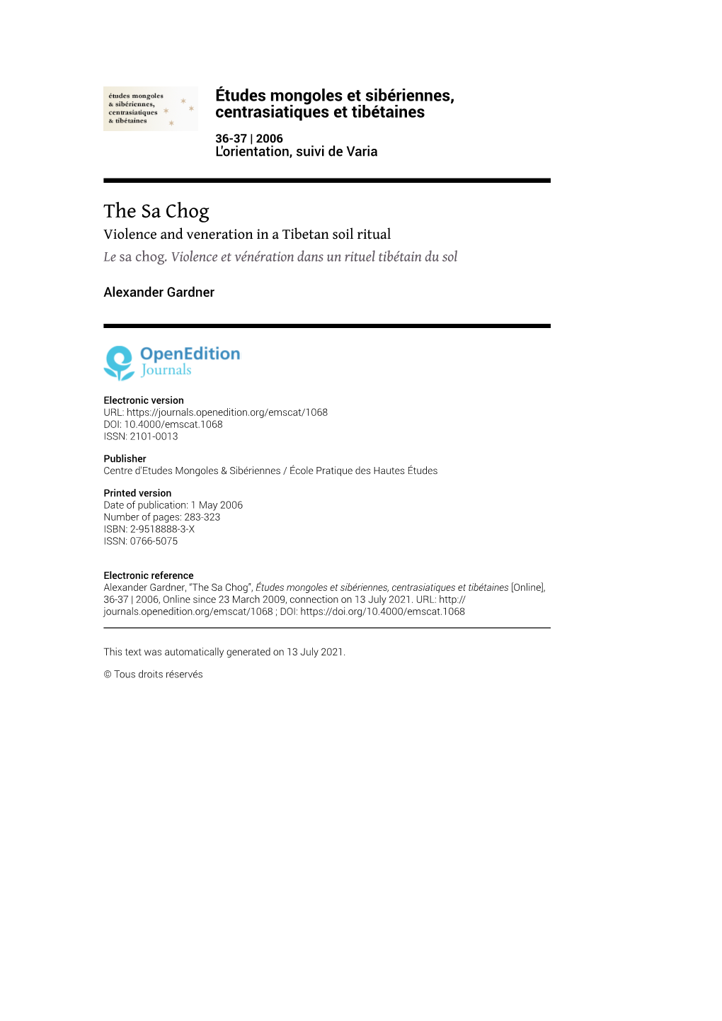 Études Mongoles Et Sibériennes, Centrasiatiques Et Tibétaines, 36-37 | 2006 the Sa Chog 2