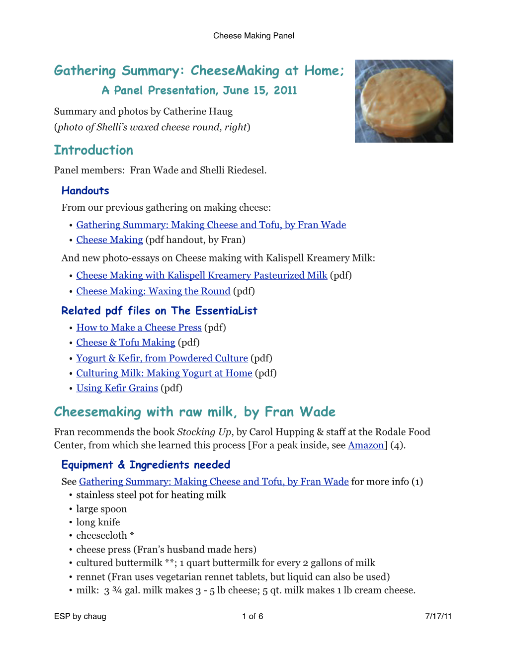 Introduction Cheesemaking with Raw Milk, by Fran Wade