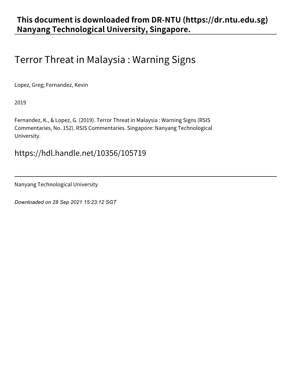 Terror Threat in Malaysia : Warning Signs