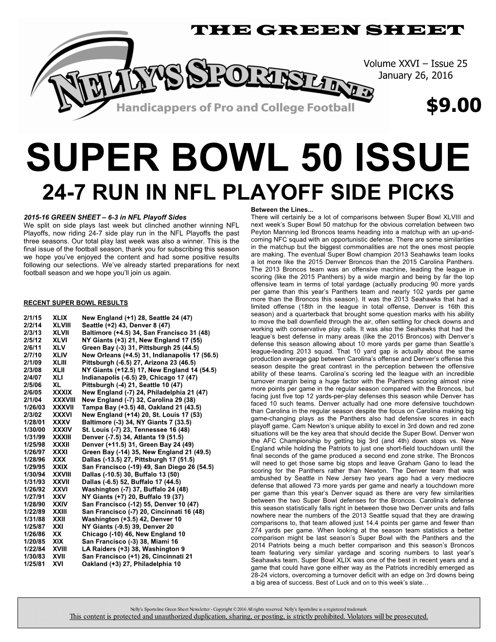 SUPER BOWL 50 ISSUE 24-7 RUN in NFL PLAYOFF SIDE PICKS Between the Lines