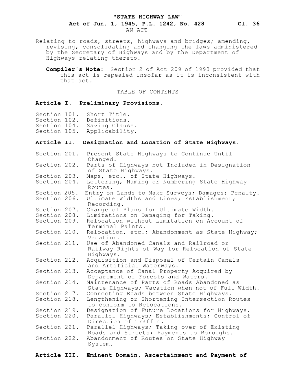 STATE HIGHWAY LAW" Act of Jun