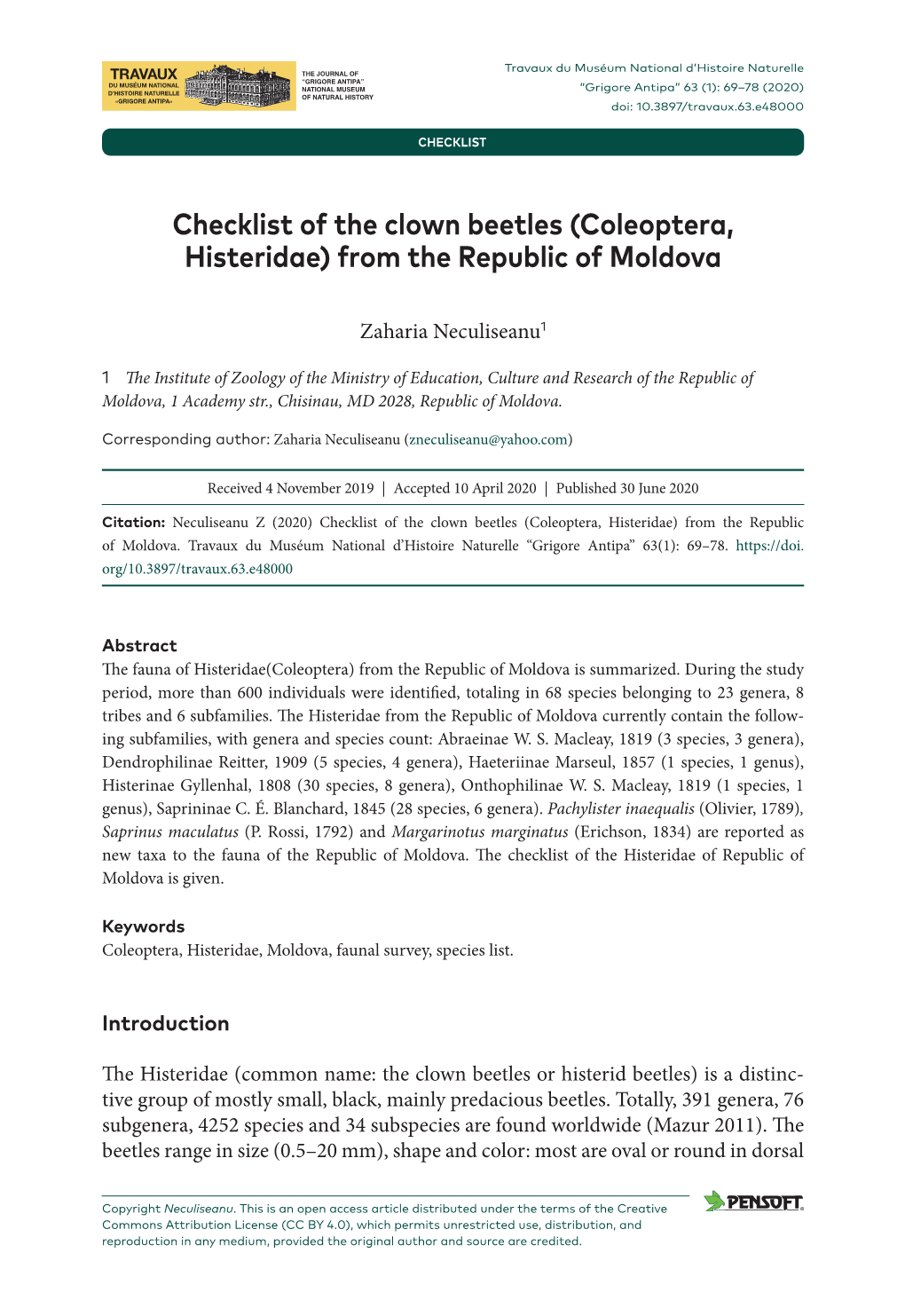 Checklist of the Clown Beetles (Coleoptera, Histeridae) from the Republic of Moldova